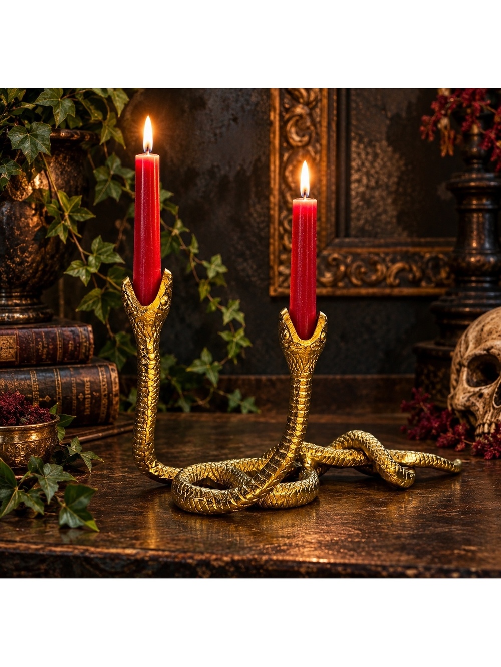 Gold Double Snake Candle Holder Gothic Serpent Decor (B13/124a)